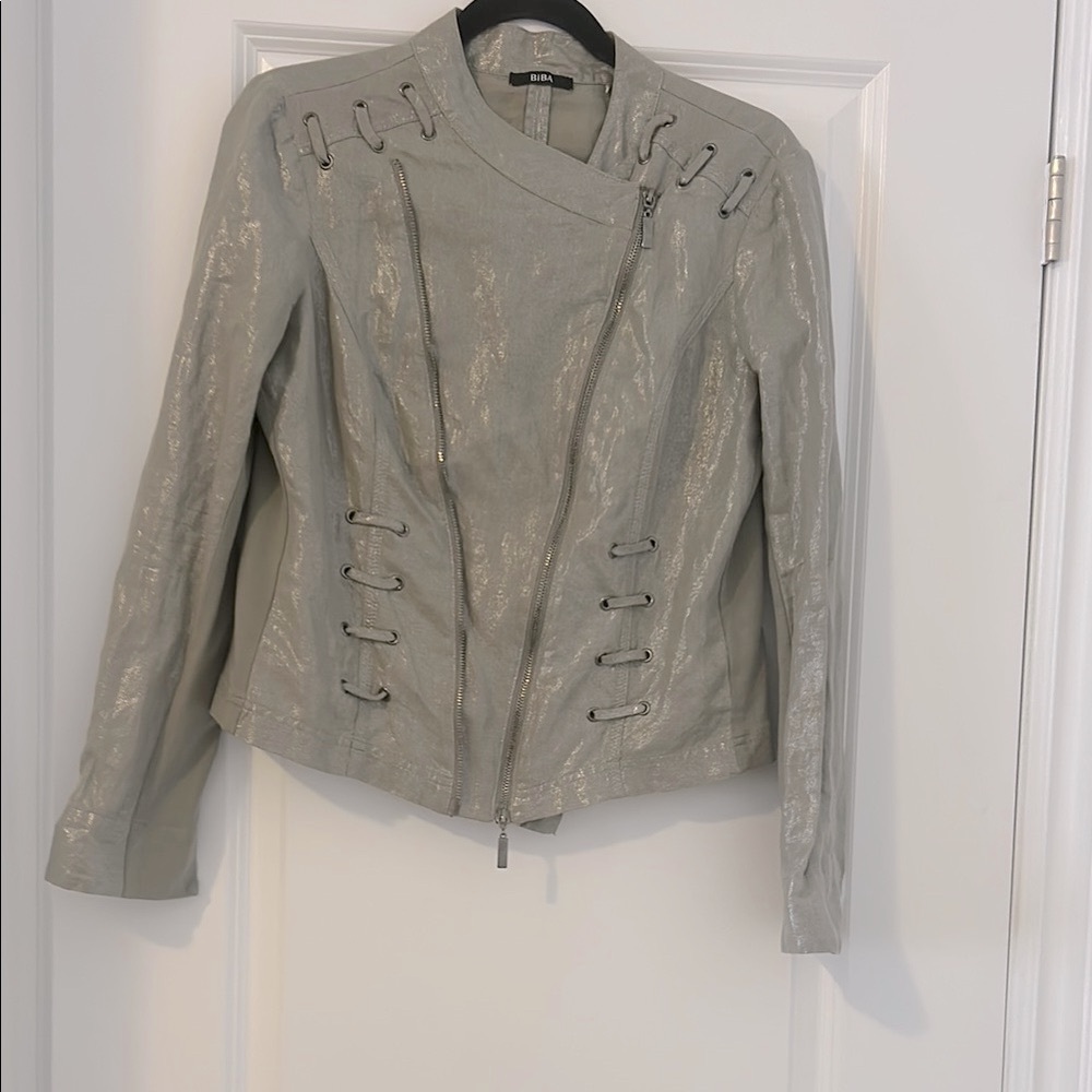 Biba NWT Elegant Gray Metallic Linen Jacket with Asymmetrical Zipper size EU 40